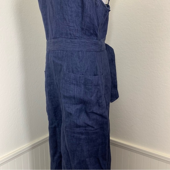 Whistles Tie Waist Linen Jumpsuit Womens US 10 UK 14 Wide Leg Crop Pockets Navy - Picture 14 of 16